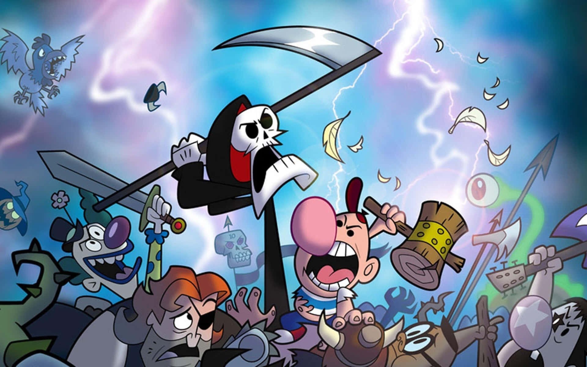 The Grim Adventures of Billy & Mandy HD PC desktop wallpaper: Grim raising his scythe above Billy, Mandy and a chaotic, lightning-filled cartoon scene.
