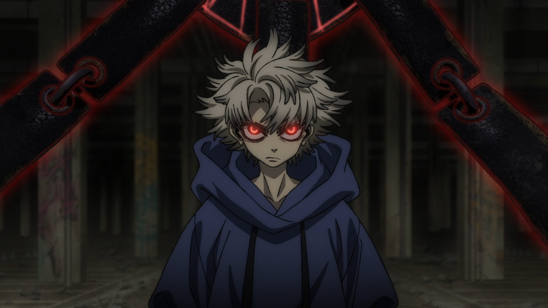 Anime HD PC desktop wallpaper/background of Gachiakuta's Rudo Surebrec: hoodie-clad figure with glowing red eyes and tousled hair against a dark, chained, ominous backdrop.