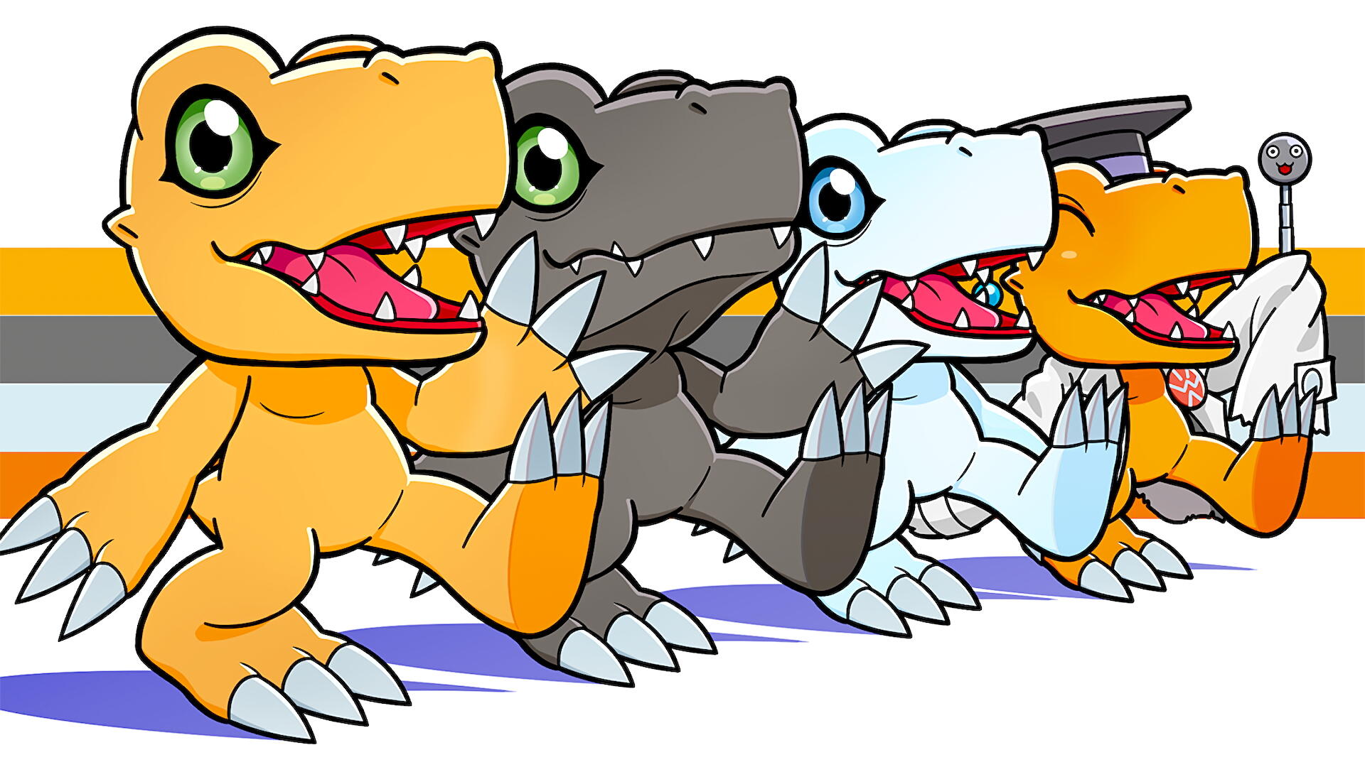 HD PC desktop wallpaper background: anime-style Digimon — four chibi Agumon (Digimon) lined up in bright, playful poses with bold colors.