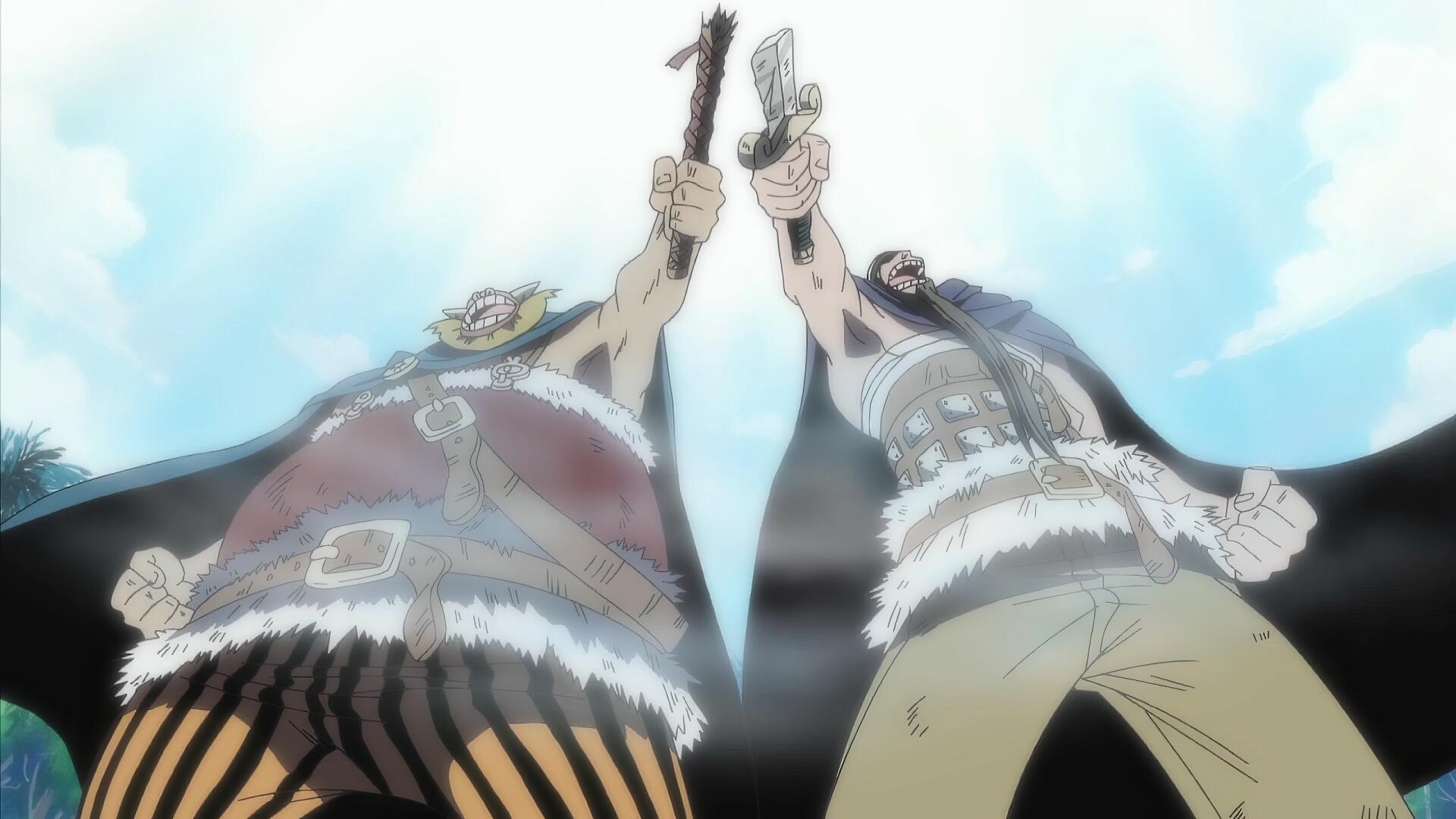 HD PC desktop wallpaper of One Piece giants Brogy and Dorry clashing swords overhead against a bright sky — anime background art.