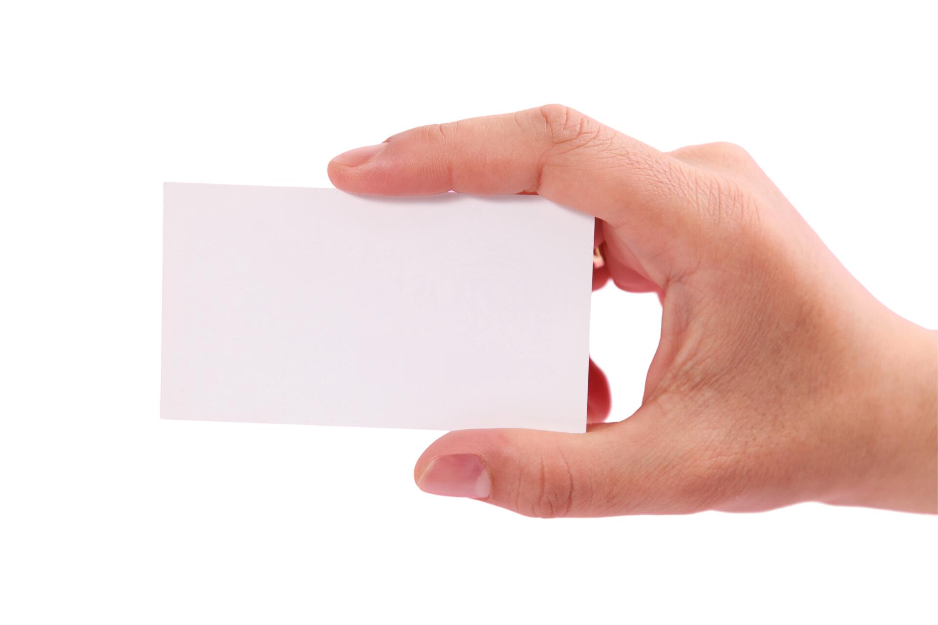 Hand holding a blank visiting card against a white background, promotional advertisement concept — HD PC desktop wallpaper and background.