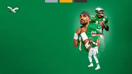 A vibrant HD wallpaper featuring Philadelphia Eagles players in green uniforms, showcasing the team spirit of NFL football, accented by an eagle graphic.