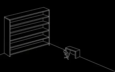 A minimalist HD desktop wallpaper featuring a simple line drawing of a bookshelf and a desk with a chair against a black background, evoking a clever and modern aesthetic.