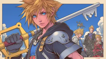 Sora from Kingdom Hearts stands confidently with his Keyblade, surrounded by a vibrant blue sky and multiple images of himself, creating a dynamic and engaging wallpaper for fans.