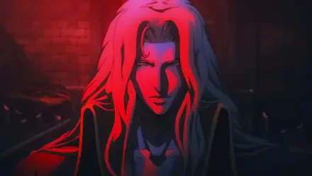 A striking 4K Ultra HD wallpaper featuring Alucard from Castlevania, illuminated by dramatic red lighting, capturing the intensity and atmosphere of the anime.