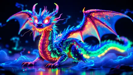 Vibrant neon dragon glowing with colorful fantasy hues, set against a dark background in stunning 4K Ultra HD for a striking PC desktop wallpaper.
