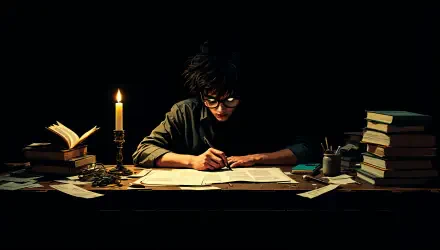 A dark academia scene featuring a person studying at a dimly lit desk, illuminated by candlelight, surrounded by stacks of books and scattered papers, in 4K Ultra HD quality.