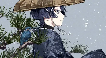 HD PC desktop wallpaper of Scaramouche, a boy from the video game Genshin Impact: profile in a straw hat and dark robe, snowy scene with pine branches and a small blue bird.