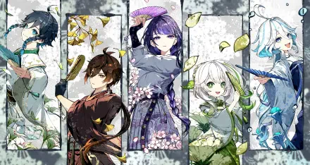HD PC desktop wallpaper featuring Venti, Zhongli, Baal Raiden Shogun, Nahida, and Furina from Genshin Impact, each character framed with seasonal and elemental motifs.