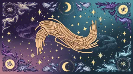 A whimsical 4K Ultra HD wallpaper featuring swirling spaghetti amidst a cosmic background of stars, moons, and mythical creatures, blending food and fantasy in vibrant colors.