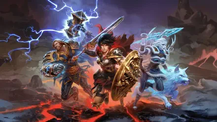 A vibrant 4K Ultra HD wallpaper from the video game Smite 2, featuring three powerful characters wielding weapons and magic in a dramatic, elemental setting.