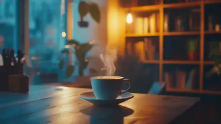 A cozy coffee shop scene featuring a steaming cup on a wooden table, illuminated by warm light, with bookshelves and plants in the background, creating a serene ambiance.