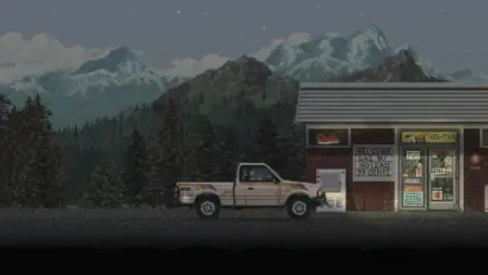 A stylized HD wallpaper from the video game Keep Driving, featuring a pickup truck parked outside a small store with mountains in the background under a starry sky.