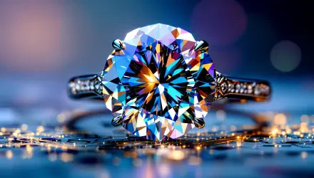 A stunning diamond ring with a large, multicolored gemstone sparkles against a beautifully blurred background, showcased in vibrant 4K Ultra HD quality for a striking desktop wallpaper.