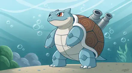 Blastoise, the Water-type Pokémon, stands confidently underwater, showcasing its powerful features in this vibrant 4K Ultra HD desktop wallpaper and background.
