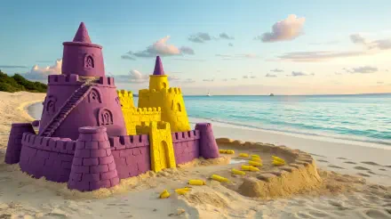 A vibrant sandcastle in purple and yellow stands on a serene beach, framed by gentle waves and a colorful sky, captured in stunning 4K Ultra HD.