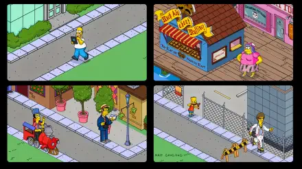 A vibrant 4K Ultra HD wallpaper featuring scenes from the video game The Simpsons: Tapped Out, showcasing iconic characters and colorful Springfield locations.