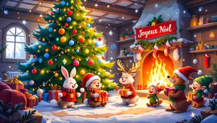 A festive 4K Ultra HD Christmas party scene with cheerful animals exchanging gifts by a decorated tree and a cozy fireplace.