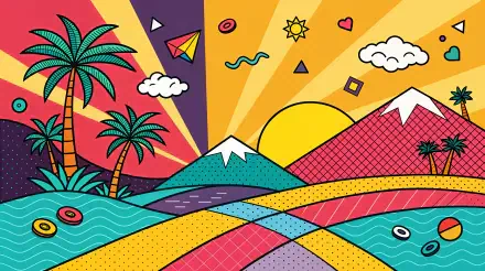 Colorful 4K Ultra HD desktop wallpaper featuring vibrant mountains, stylized palm trees, and a whimsical sun, set against a dynamic backdrop of geometric shapes and patterns.