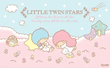 HD anime desktop wallpaper featuring Sanrio's Little Twin Stars in a pastel sky with stars, clouds, and floral elements, capturing a dreamy, celestial theme.