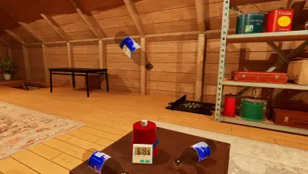 A vibrant HD wallpaper from TrickShot Simulator, featuring a playful indoor scene with flying cans and a digital timer, showcasing engaging gameplay elements.