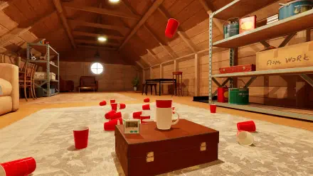 A vibrant HD wallpaper featuring an interior space from TrickShot Simulator, showcasing scattered red cups and a focal point of a box with a cup on it, capturing the playful spirit of the game.