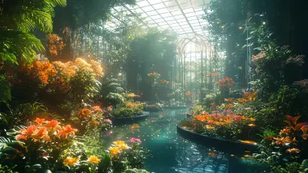 A serene solarpunk flower garden filled with vibrant plants and flowers, featuring a tranquil waterway, all illuminated by gentle sunlight streaming through a glass structure.