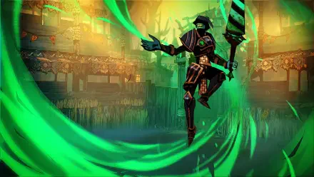 A dynamic image from the video game Sworn, featuring a character wielding a staff amidst swirling green energy, set against a vibrant, mystical background. HD PC desktop wallpaper.