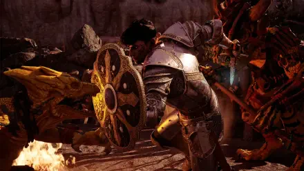 A warrior in detailed armor wields a shield, prepared for battle against a fierce creature, showcasing a scene from the video game Avowed in stunning HD quality.