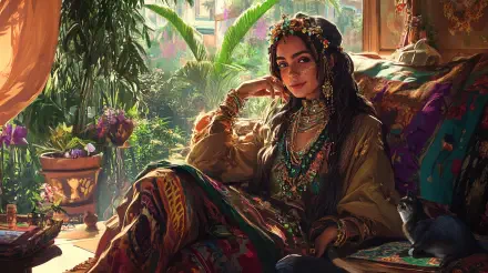 A serene bohemian woman sits thoughtfully amid lush greenery, adorned in vibrant clothing and jewelry, captured in a stunning 4K Ultra HD wallpaper.