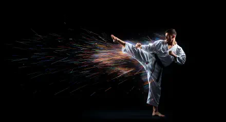 A dynamic karateka executes a high kick, with colorful sparks trailing behind, creating a striking visual effect against a dark background. 4K Ultra HD desktop wallpaper.