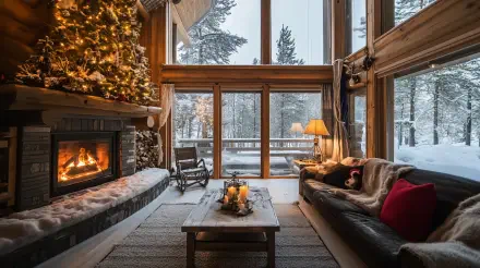 A cozy winter cabin interior featuring a fireplace, a decorated Christmas tree, and large windows showcasing a snowy landscape. Captured in stunning 4K Ultra HD for an immersive desktop wallpaper experience.