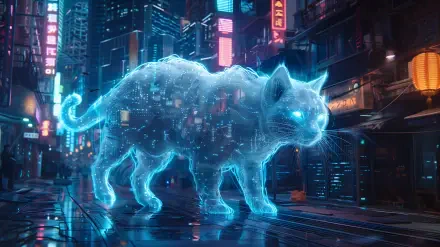 A stunning HD wallpaper featuring a holographic cat in a futuristic cityscape, illuminated by neon lights and reflecting a vibrant digital atmosphere.