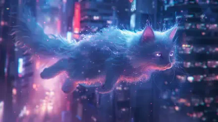 A magical neon cat floats through a vibrant, futuristic cityscape, with soft, glowing fur and enchanting eyes, creating a captivating fantasy animal scene.