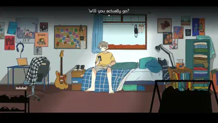 A cozy bedroom scene featuring a character on a bed, surrounded by posters and a guitar, capturing the essence of the video game Afterlove EP in a vibrant 4K Ultra HD wallpaper.