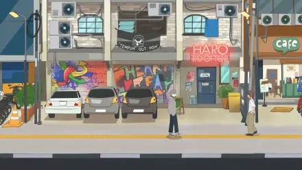 A vibrant urban scene from the video game Afterlove EP, showcasing colorful graffiti, parked cars, and two characters amid a stylized cityscape. 4K Ultra HD wallpaper quality.
