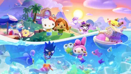 Hello Kitty Island Adventure HD PC desktop wallpaper and background: Hello Kitty and friends boating and exploring a pastel tropical island and underwater world at sunset.