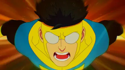 A vibrant HD wallpaper featuring Mark Grayson, the hero from the TV show Invincible, showcasing his intense expression and dynamic motion as he takes flight.