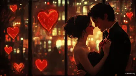 A romantic couple shares a tender moment against a backdrop of glowing hearts and city lights, capturing the essence of love for Valentine's Day in this HD desktop wallpaper.