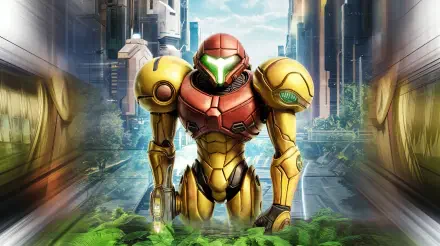 A vibrant 4K Ultra HD wallpaper featuring Samus Aran from Metroid, showcasing her iconic armored suit in a futuristic cityscape surrounded by lush greenery.
