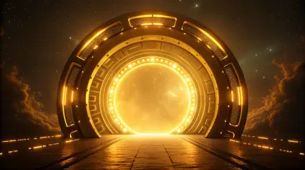 A futuristic sci-fi portal glows with golden light, framed by a sleek, circular design. This 4K Ultra HD wallpaper offers a striking, otherworldly background for any desktop.