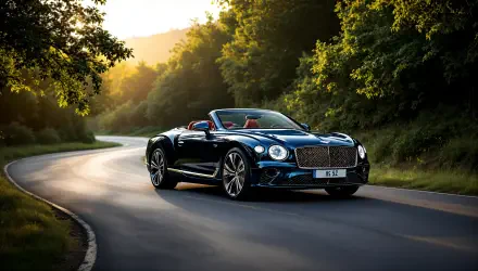 A stunning Bentley convertible glides along a winding road, framed by lush greenery and bathed in warm sunlight, captured in 4K Ultra HD for a striking desktop wallpaper.