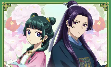 Anime-style 4K Ultra HD wallpaper featuring Maomao and Jinshi from The Apothecary Diaries, set against a floral background with elegant traditional attire.