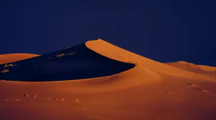 A stunning 4K Ultra HD image of Sahara sand dunes, showcasing the contrasting colors of golden sands against a deep blue sky, creating a serene desert landscape.