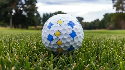 A close-up of a golf ball with blue and yellow diamond patterns sitting on lush green grass, set against a blurred background, featured as a 4K Ultra HD PC desktop wallpaper.