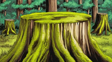 A vibrant 4K Ultra HD desktop wallpaper showcasing a moss-covered tree stump surrounded by lush green foliage, creating a serene forest atmosphere.