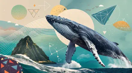A humpback whale breaches the water against a vibrant, abstract background featuring geometric shapes and a distant island, creating a stunning 4K Ultra HD wallpaper.