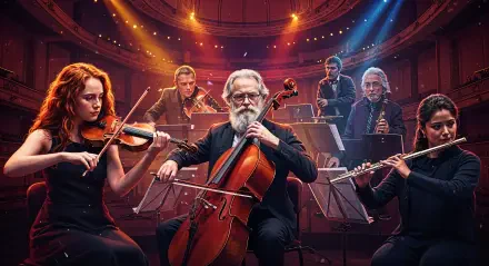 A vibrant orchestra performs on stage, featuring musicians playing various instruments, illuminated by colorful lights, set in an elegant concert hall. 4K Ultra HD desktop wallpaper quality.
