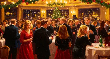A lively holiday party scene with elegantly dressed guests, festive decorations, and a warm ambiance, captured in a 4K Ultra HD desktop wallpaper.