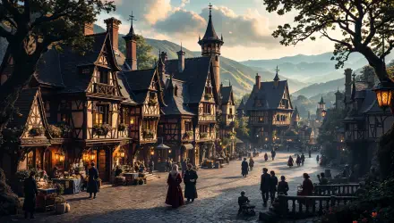 A picturesque medieval village with charming timber-framed houses, bustling streets, and rolling hills in the background, captured in stunning 4K Ultra HD detail.